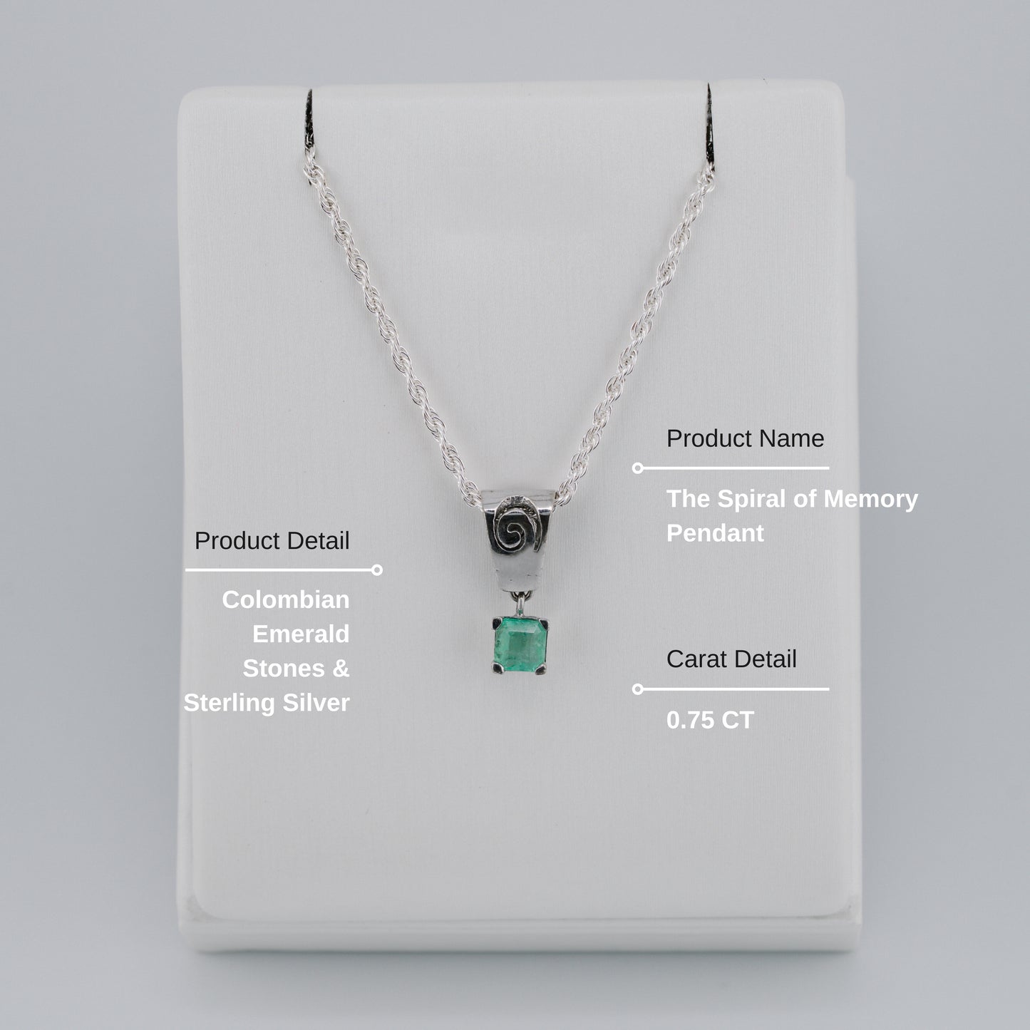 The Spiral of Memory Pendant – 0.75 Colombian Emerald – 950 Sterling Silver
